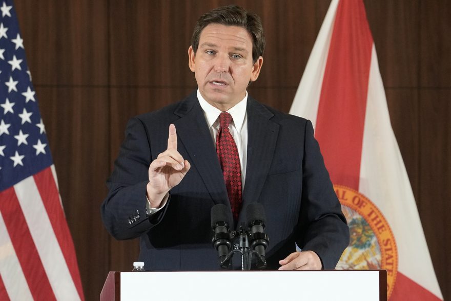 FILE - Florida Gov. Ron DeSantis gestures during a news conference, Jan. 26, 2023, in Miami. DeSantis and Florida lawmakers are proposing to make it easier to send convicts to death row by eliminating the requirement that juries be unanimous on capital punishment, a response to anger among victims’ families over a verdict that spared Marjory Stoneman Douglas High School shooter Nikolas Cruz from execution. (AP Photo/Marta Lavandier, File)